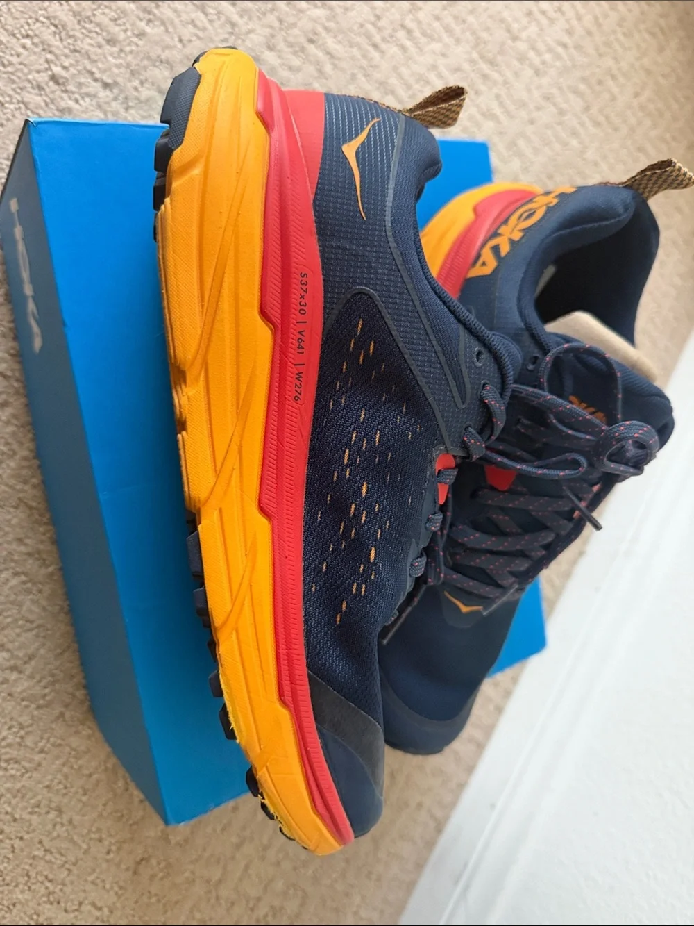 Hoka Challenger ATR 6 Navy Road/Trail Shoes with Red & Gold Accents - Like New